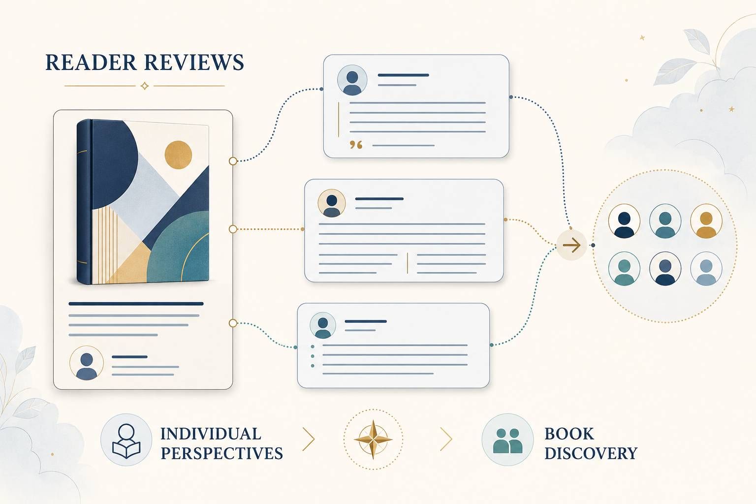 Fictional reader review cards showing Goodreads book-discovery pathways