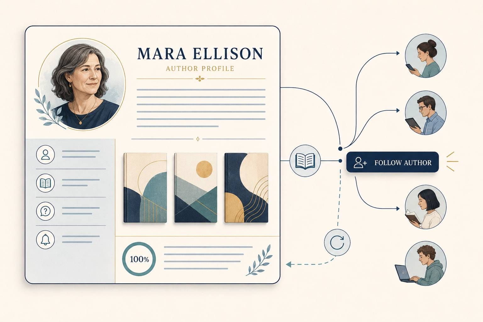 Fictional author profile showing reader discovery and author-following pathways